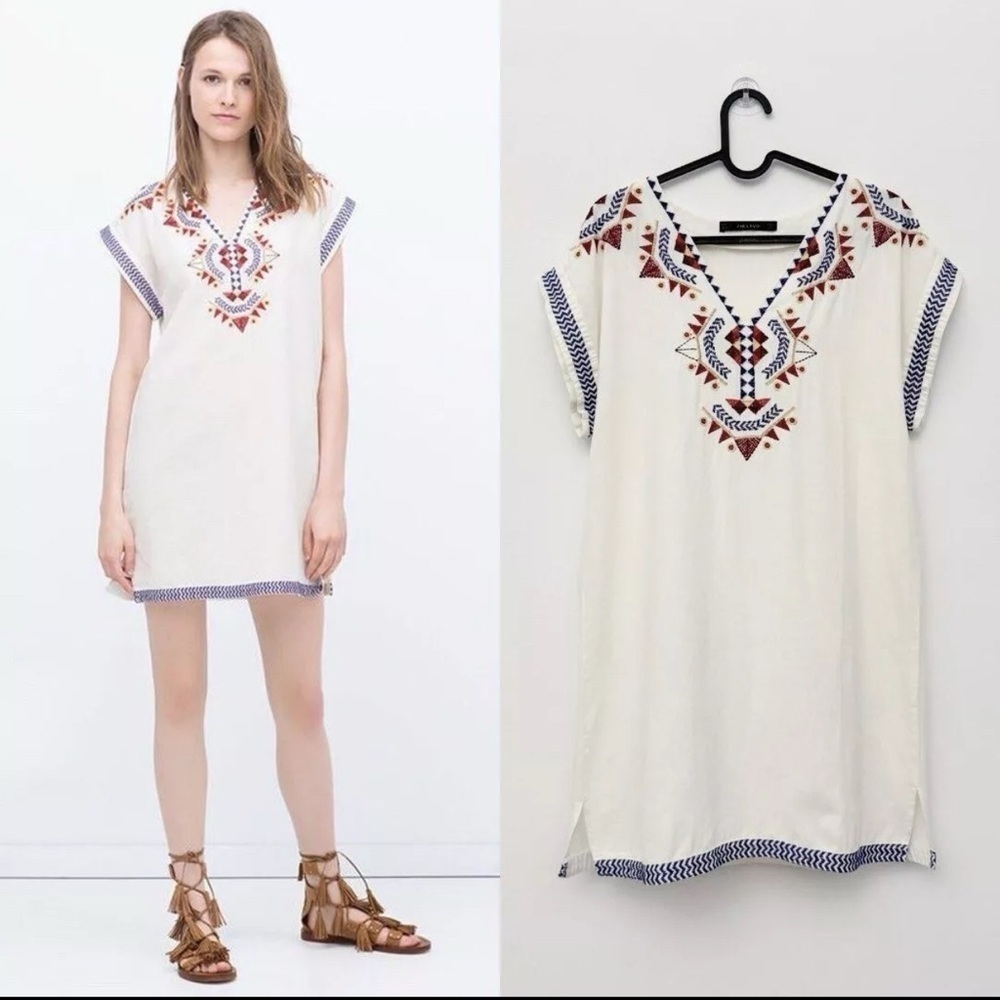 Zara White Santa Fe Embroidered Tunic Dress Summer Swimsuit Bikini Cover Up LRG